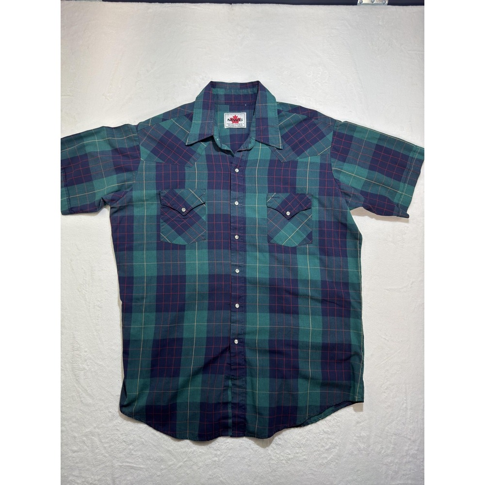 MWG Shirt Mens XL‎ Blue Green Plaid Western Pearl Snap Short Sleeve Casual